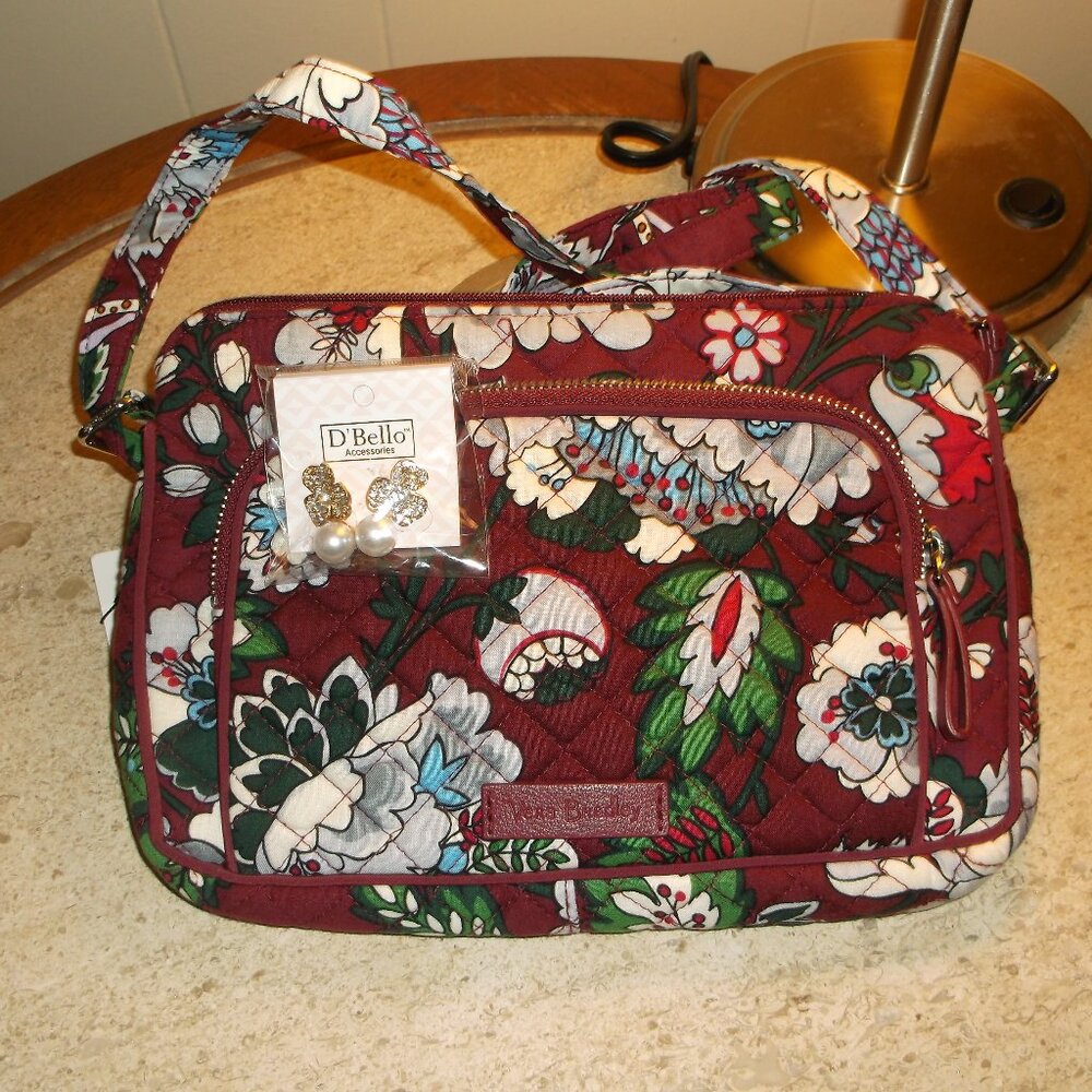 NWT Vera Bradley RFID Little Hipster – Bordeaux Blooms Crossbody & Earrings, ✈️